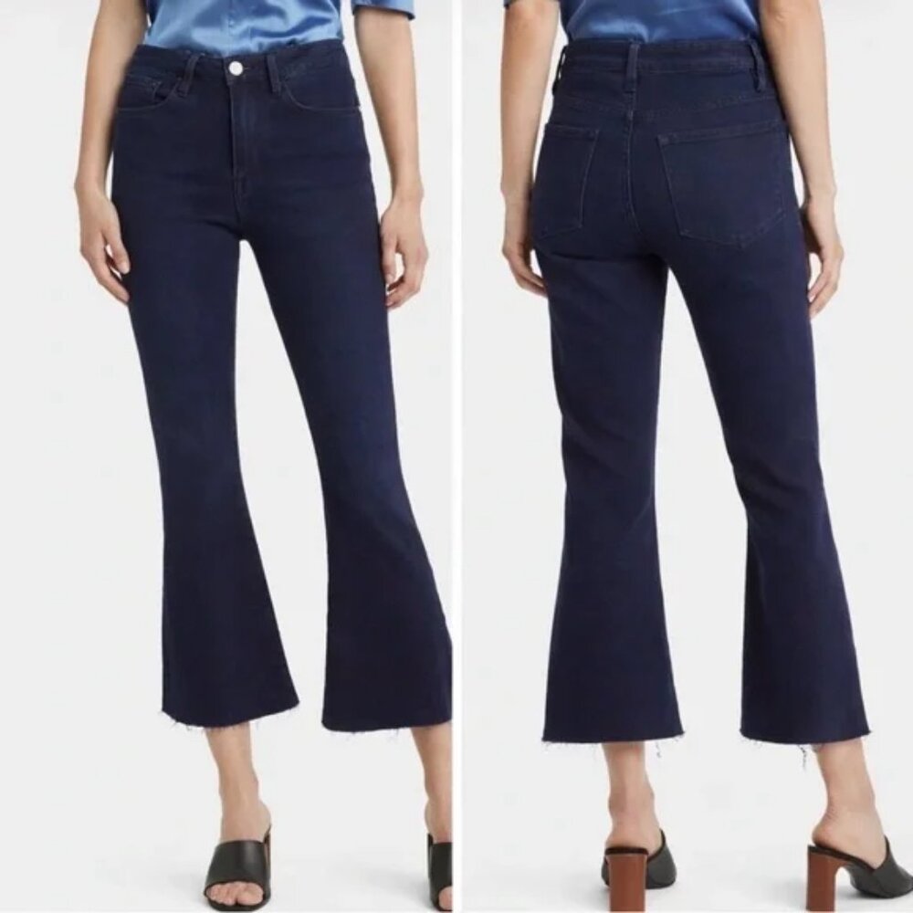 NEW! FRAME DENIM LE CROP FLARE JEANS FIONA BLUE WASH STRETCH RAW HEM sz 27